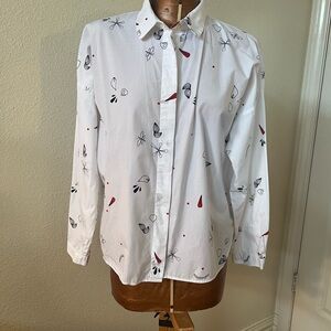 Zara Woman’s White Shirt with Abstract Black and Red Design